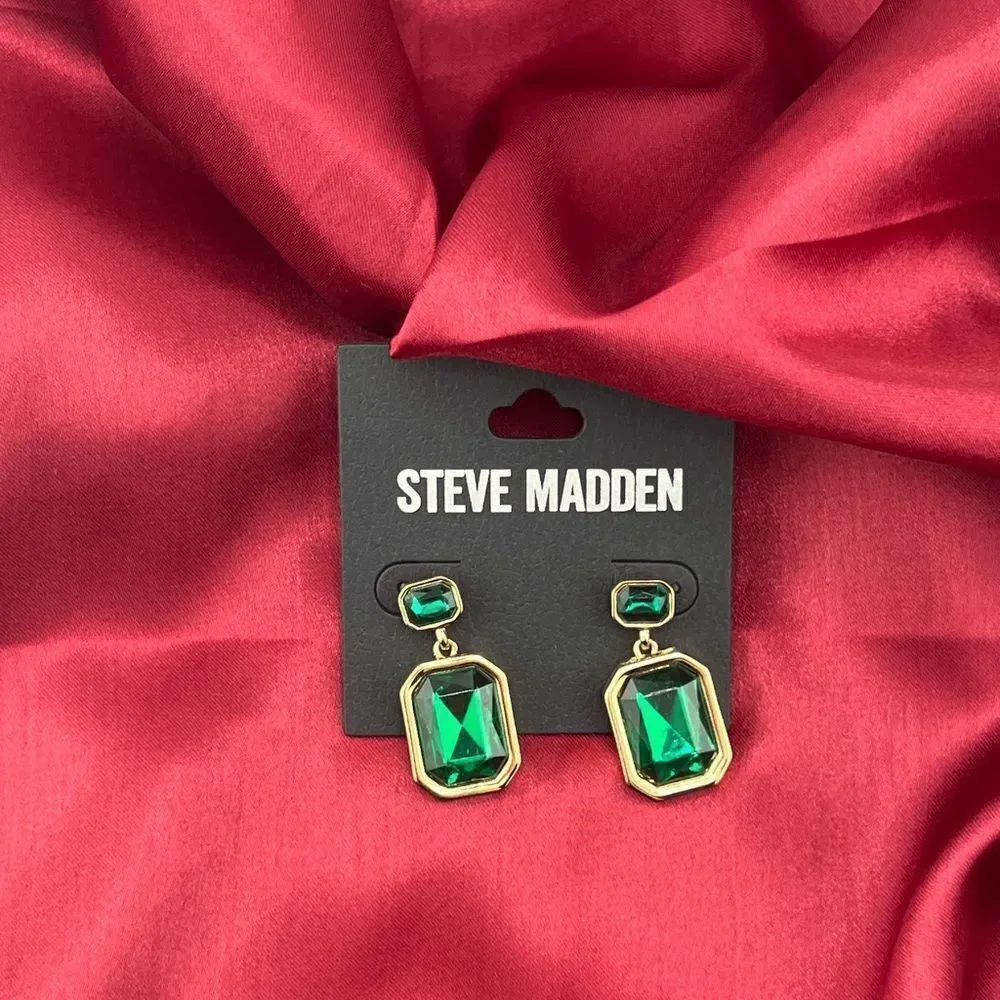 Steve Madden Gold-Tone Drop Earrings with Green Gemstones